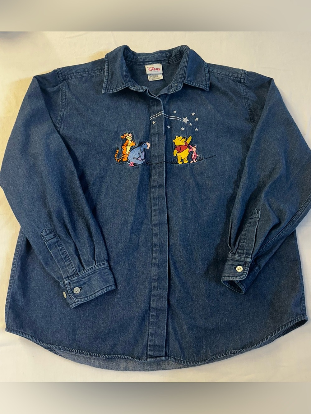 Vintage The Disney Store Winnie The Pooh Embroidered Denim Button Up Shirt L